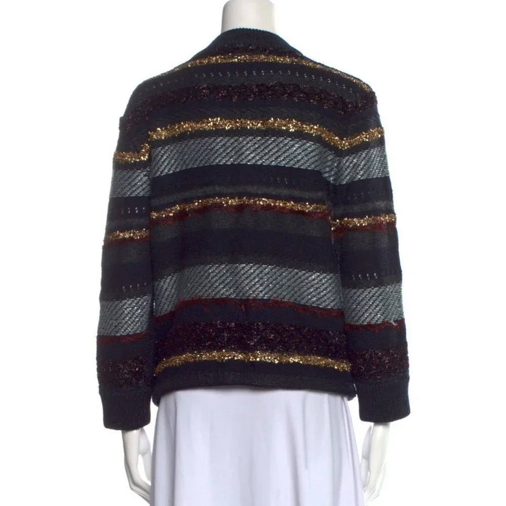 Tory Burch Sweater Stripe Metallic Merino Wool Alpaca Blend Danielle Navy Thick - Picture 1 of 11
